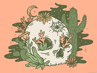 Desert Skull cactus coral desert design drawing flowers halloween illustration landscape moon night plants prickly pear saguaro scene skull spider spooky stars succulent