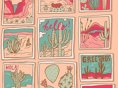 Retro Desert Postcards arizona cactus desert design drawing greeting greetings illustration landscape lettering mexico peach pink postcard postcards retro saguaro travel typography vintage