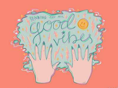 Good Vibes aqua coral cursive design drawing hand hands happy illustration lettering lightning magic peach quote smiley face spooky turquoise typography witch witchy
