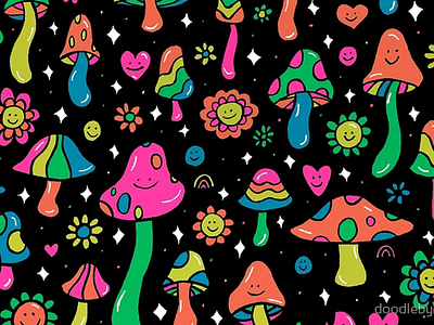 Rainbow Mushrooms 60s 70s design drawing flowers hippie hippies illustration mushroom mushrooms orange pattern pink print design psychedelic rainbow rainbows retro vector vintage