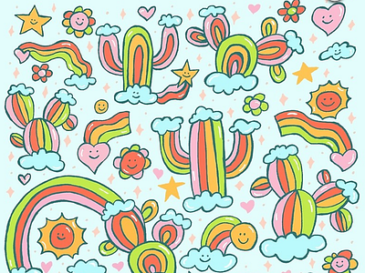 Rainbow Cactus cactus cartoon cloud cute design drawing flower heart illustration kawaii kids illustration pattern print rainbow sky smiley face star succulent sun young