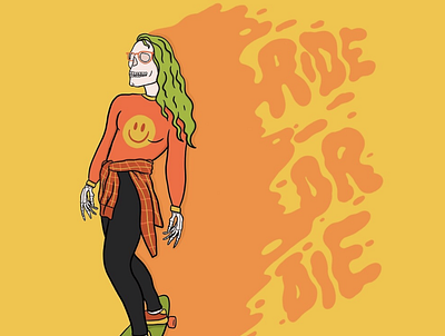 Ride or Die design drawing halloween hand lettered illustration inktober skate skateboard skateboarder skeleton skull typography