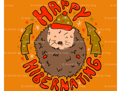 Happy Hibernating badge beanie christmas christmas tree cute design drawing hand lettered type hedgehog holiday card holiday design holidays illustration kawaii lettering mittens porcupine snowflake typography winter