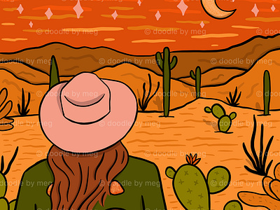 Desert Girl cactus cowboy cowgirl desert design drawing girl illustration landscape moon nature prickly pear procreate retro saguaro vintage western