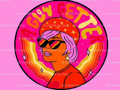 Glow Getter beret design drawing fashion girl hand lettered illustration inspiration orange pink procreate quote rainbow retro saying star sunglasses vintage woman yellow