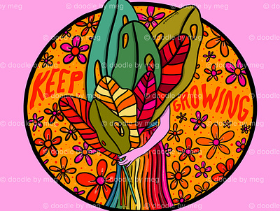 Keep Growing botanical design drawing fashion floral flower illustration leave leaves lettering nature plant plants psychedelic quote rainbow rainbows typography vintage woman