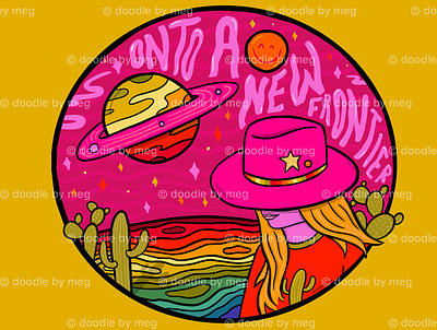 New Frontier cactus celestial cowboy cowgirl design fashion girl illustration landscape lettering planet procreate rainbow space western