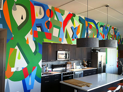 Amperbet 40' x 14' - Acrylic on Sheetrock collage design interior letters mural working class creative
