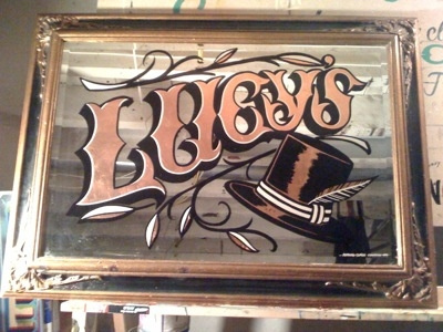 Lucy's Hat Shop - Copper Leaf on Antique Mirror antique frame copper gilding leaf lettering lucys hat shop sign painting working class creative