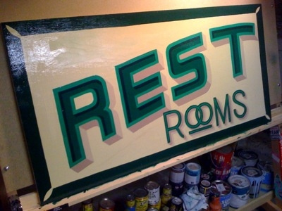 Restrooms Sign, 4' x 3' - Enamel on Marine Grade Ply 1shot custom design hand lettering hand painted sign lettering philadelphia sean gallagher sign painter working class creative