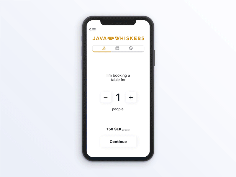 Java Whiskers – Reserving a table at Stockholms first cat café. animation app daily challenge dailyui design illustration