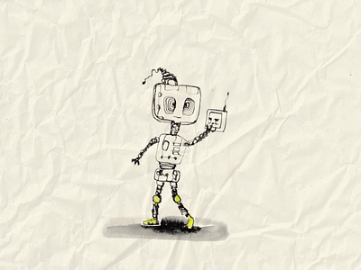Robot with Mobile boy drawing illustration ink retro robot traditional art