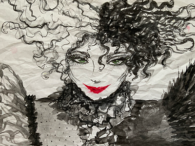 Cruella 2021 black cruella drawing face ink inkillustration portrait redlips traditionalart white woman