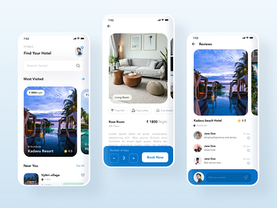 Hotel Booking App app blue design hotel hotel app hotel booking mobile rate rate experience review room booking ui ux visual design