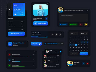 Web/Mobile UI kit Dark Theme add to cart black blue calendar call cart chat comment dark dark theme dark ui dashboard design download ui ui ux design ui design ui kit ui ux ux