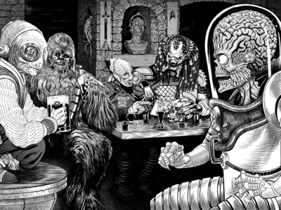Bar Buddies aliens bar chewbacca drinking enemymine facehugger klingon marsattacks mazkatana metropolis predator robocop sci fi star trek