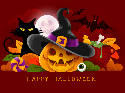 Happy Halloween background banner bat black candy cat cauldron cute dusk greeting halloween happy jack o lantern moon potion pumpkin red trick or treat vector witch