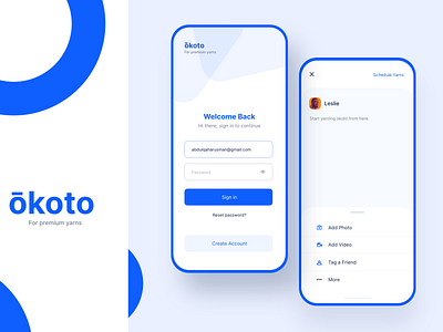 okoto - for premium yarns blue design digital fresh logo mobile okoto post sign in sign up social social app socialmedia ui uiux ux yarn yarns