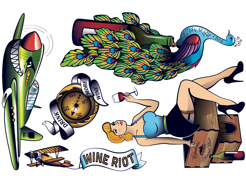 Temporary Tattoos Sheet temporary tattoos plane peacock sexy lady wine boxes compass classic tattoo vector illustration