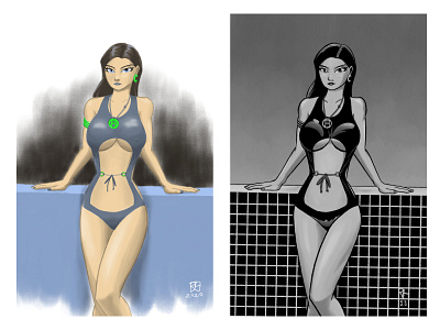 Monokini Girl(s) 2d bikini charcoal color comic art girl illustration inking monochrome sexy woman