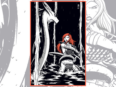 Red Sonja vs. the Water Wyrm 2d artwork comic art drawing fantasy art illustration