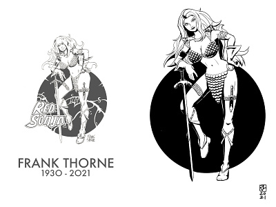 Red Sonja (RIP Frank Thorne) 2d black and white comic art drawing illustration pinup girl