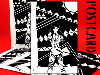Postcard 2d black and white comic art drawing illustration pinup girl postcard design sexy