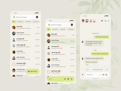 Messaging App app design call chat chatting clean daily ui google green material material u material you message messeging app messengers minimal modern pastel color sketch ui video chat