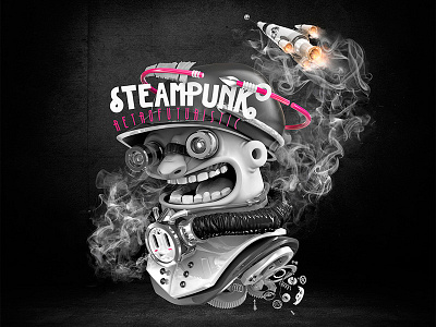 Steampunk 3d render arrow futuristic gears hat illustration modo retro ship smoke steampunk
