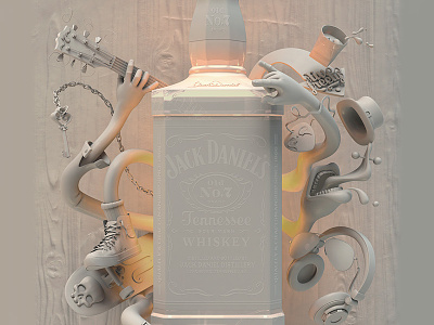 Jack Daniel's Poster 3d 3d render bottle guitar hands jack daniels modo music packaging poster product shot skate whisky