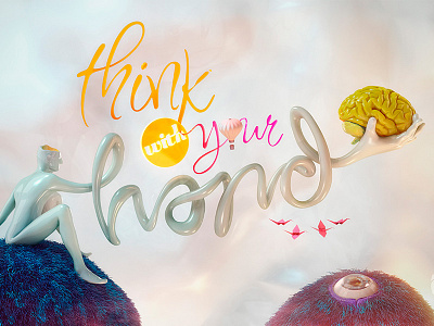 Think with your hand 3d render cgi eye hand brain hotair idea long arm modo origami sky and clouds think typography
