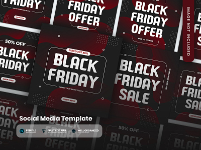 Black Friday Social Media Template banner ads black black friday sale discount instagram post modern offer red sale social media pack templates