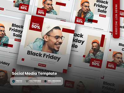 Black Friday Social Media Template banner ads black friday discount grey instagram post minimalist modern offer promotion red sale social media pack template