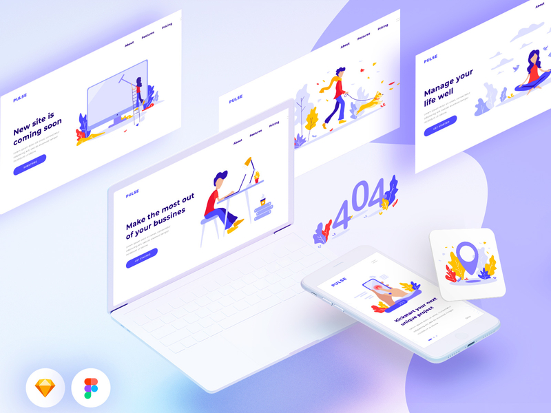 Freebie Pulse Illustration Kit on Product Hunt app design creator design system figma flat free freebie generator illustration illustration kit kit landing page library sketch startup svg ui ui template ux vector