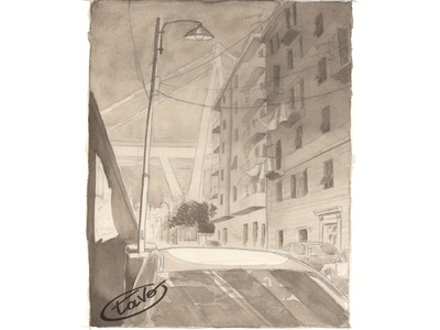 Ponte Morandi comic illustration ponte morandi sepia effect suburban street tavo watercolor