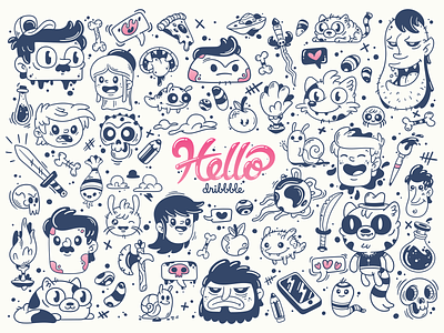 Hello Dribbble :) cartoon character character design doodle art hello illustration illustrator typography vector