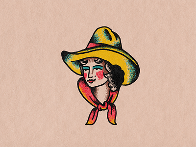 Cowgirl cowgirl flash hand drawn illustration lady head stipple tattoo