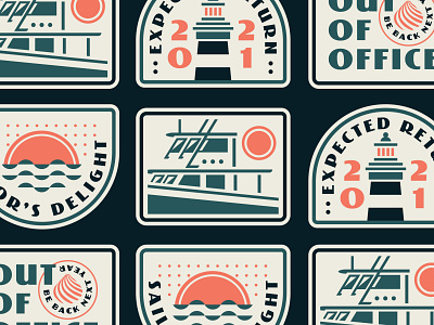 Out of Office badge badge logo badges boat boat logo boating branding design illustration lighthouse logo nautical patches shell shellfish sun typography vector water