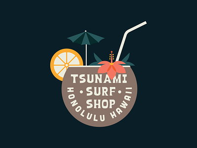 Tsunami Surf Illustration badge brand design brand identity branding clean coconut design drink flat flower hawaii hibiscus illustration island lemon logo surf tropical tropics vector