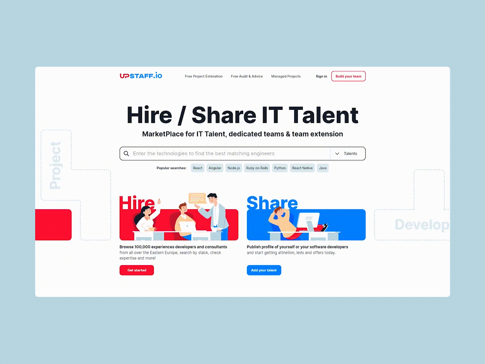 UpStaff - Hire / Share IT talents adobexd animated collaborate figma hire interface it marketplace offer prototype specialist staff talent team tetris ui uidesign ux web webdesign