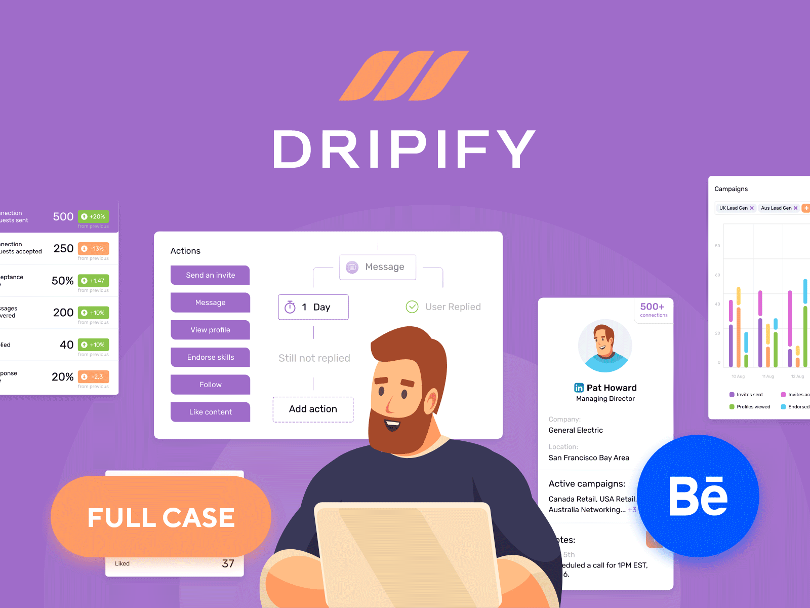 Dripify • FULL Case animate avis behance characters collaborate dripify figma full interface linkedin platform service ui uidesign ux web webdesign