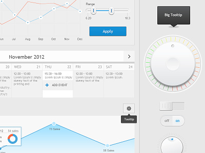 Dashboard - User Interface Template buttons calendar dashboard hosting configurator knobs line charts onoff switch pie chart sliders tooltip