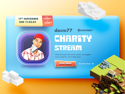 Charity Stream with Docm77 landing page 3d blender header hero landing page minecraft top bar typography ui voxel web webdesign