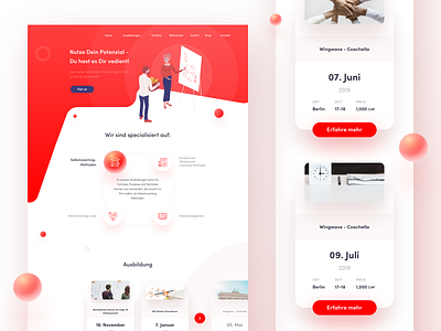 Training courses website character circles clean colors creative elegant flat gradient icons illustration landing page red simple sphere typography ui ux vector website white