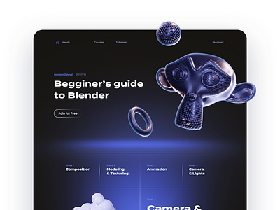 Blender Course 3d blender blog blue dark gradient header hero illustration landing page lights menu navigation render slider web