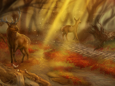 twilight forest deer flyer illustration leaf ott bettina painting panorama photoshop river sun