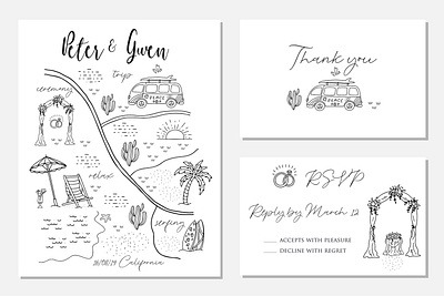 Wedding cards card creator hand drawn icon invitation card map minimal rsvp template vector wedding