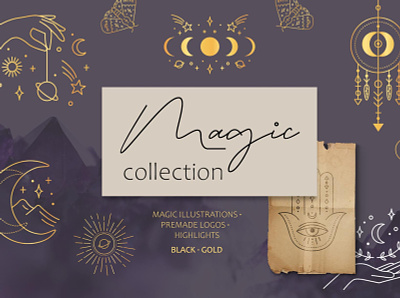 Magic collection astrology branding gold hand drawn icon illustration logo magic illustrations magic signs magical minimal mystery machine template vector
