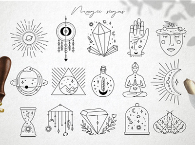 Magic signs astrology hand drawn icon illustration logo magic minimal mystery template vector web