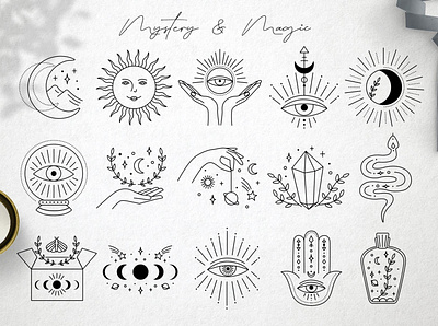 Mystery icons astrology branding hand drawn icon illustration logo magic minimal mystery template vector web